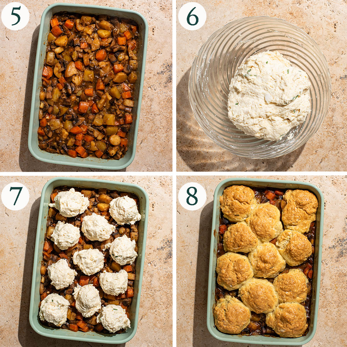 Biscuit pot pie steps 5 to 8, filled dish, biscuit dough, before and after baking.