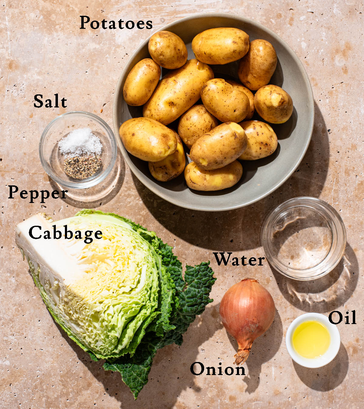 Cabbage potato hash ingredients with labels.