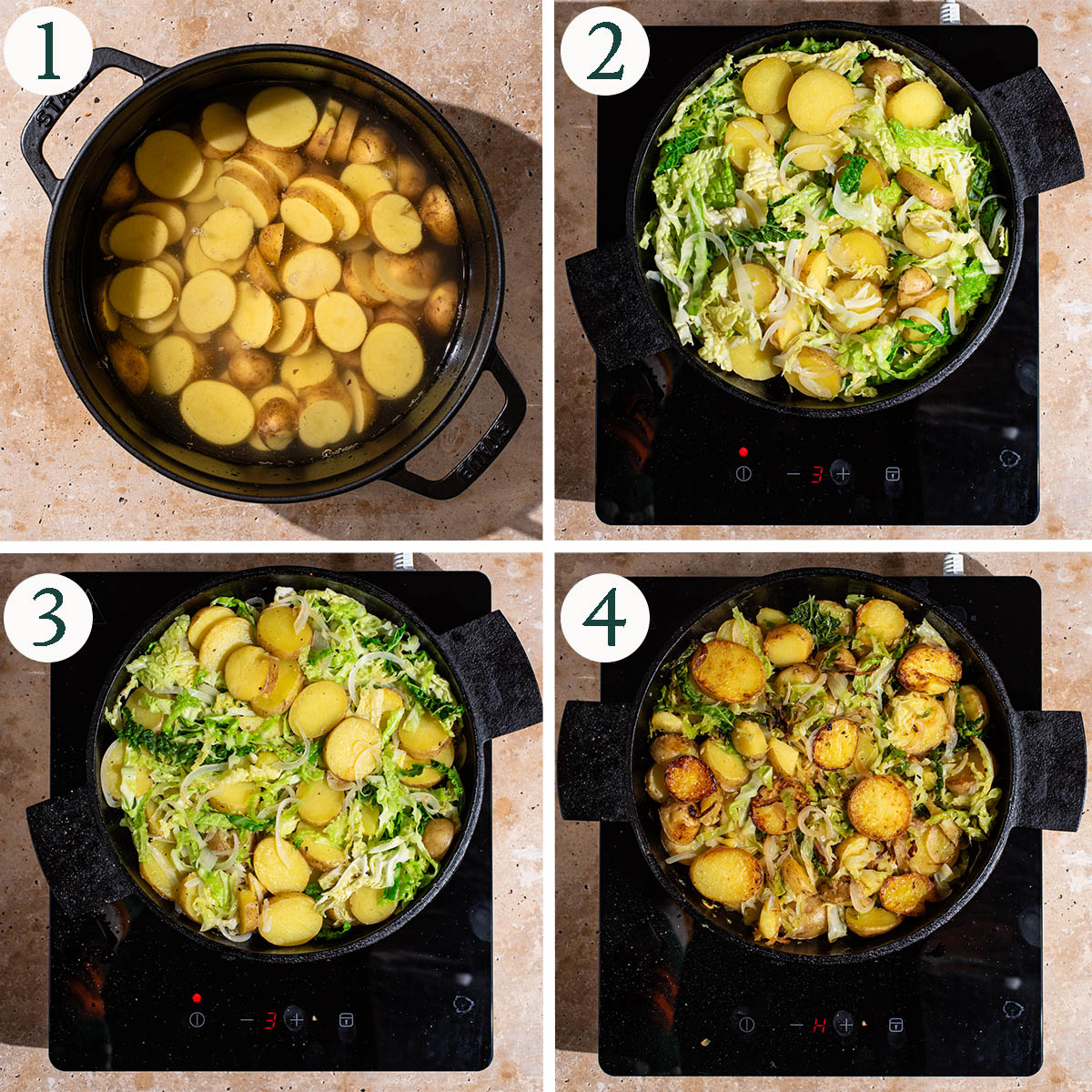 Hash steps 1 to 4, boiled potatoes, in the pan with cabbage, partly cooked, crisp and browned.