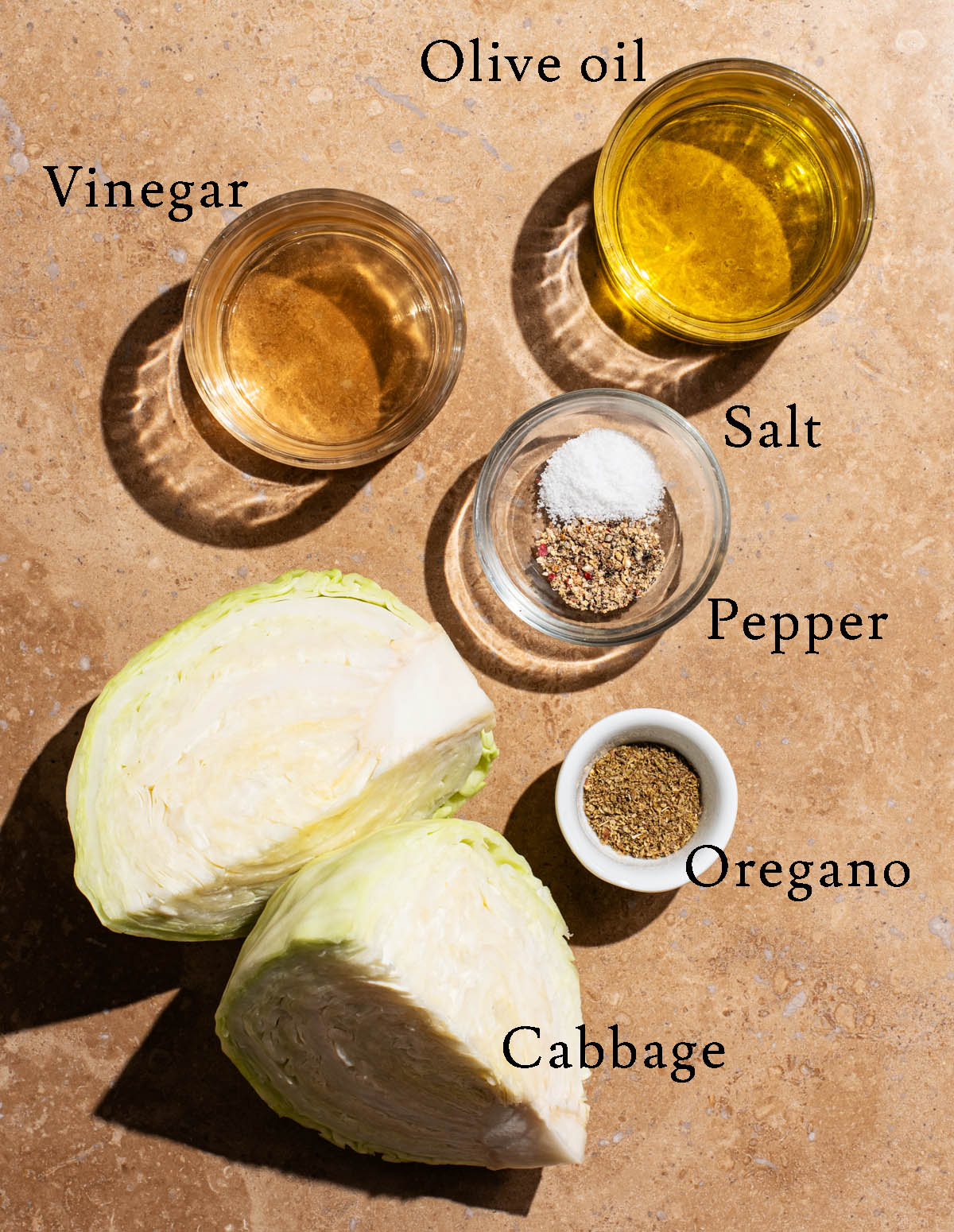 Pizza salad ingredients with labels.