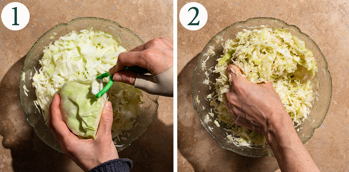 Cabbage salad steps 1 and 2, before and after mixing.