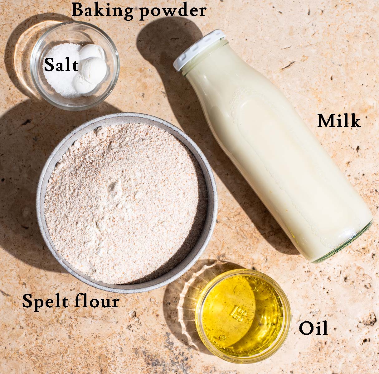 Spelt flatbread ingredients with labels.