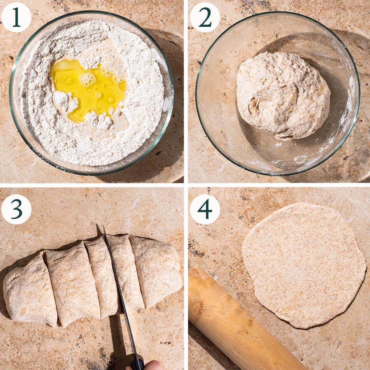 Flatbread steps 1 to 4, mixing dough, cutting, and rolled out.