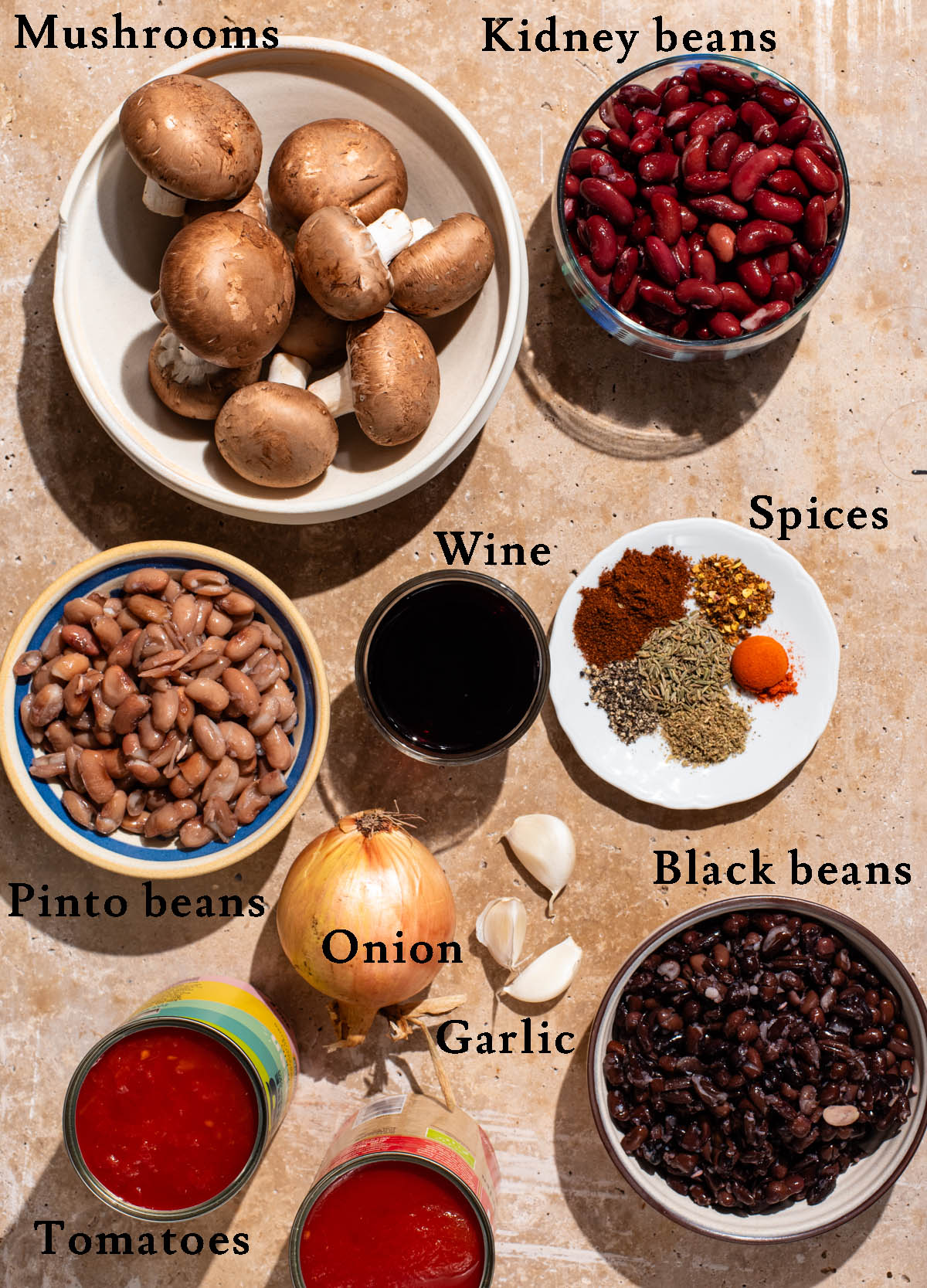 Three bean chili ingredients with labels.