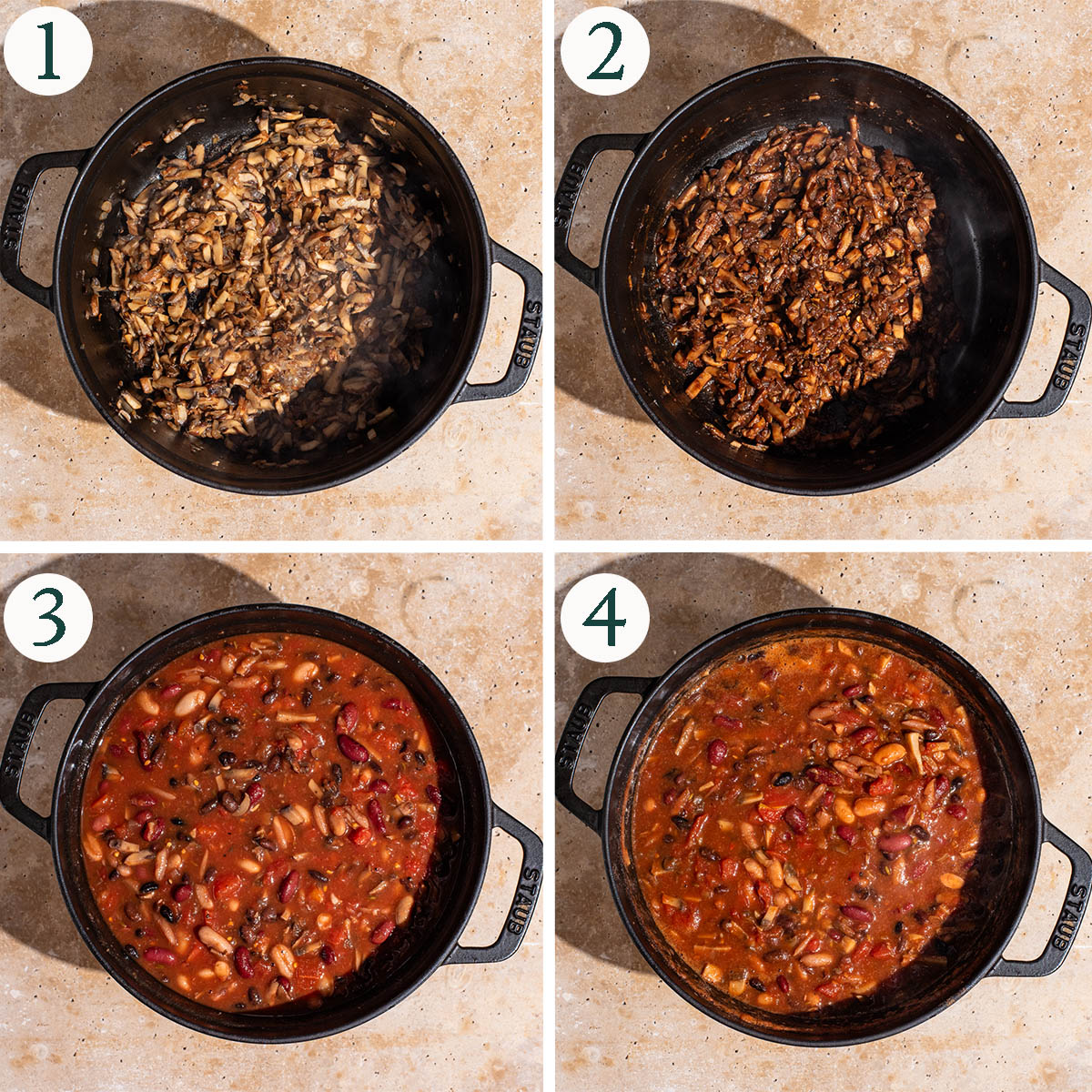 Bean chili steps 1 to 4, cooked mushrooms, spiced added, before and after simmering.