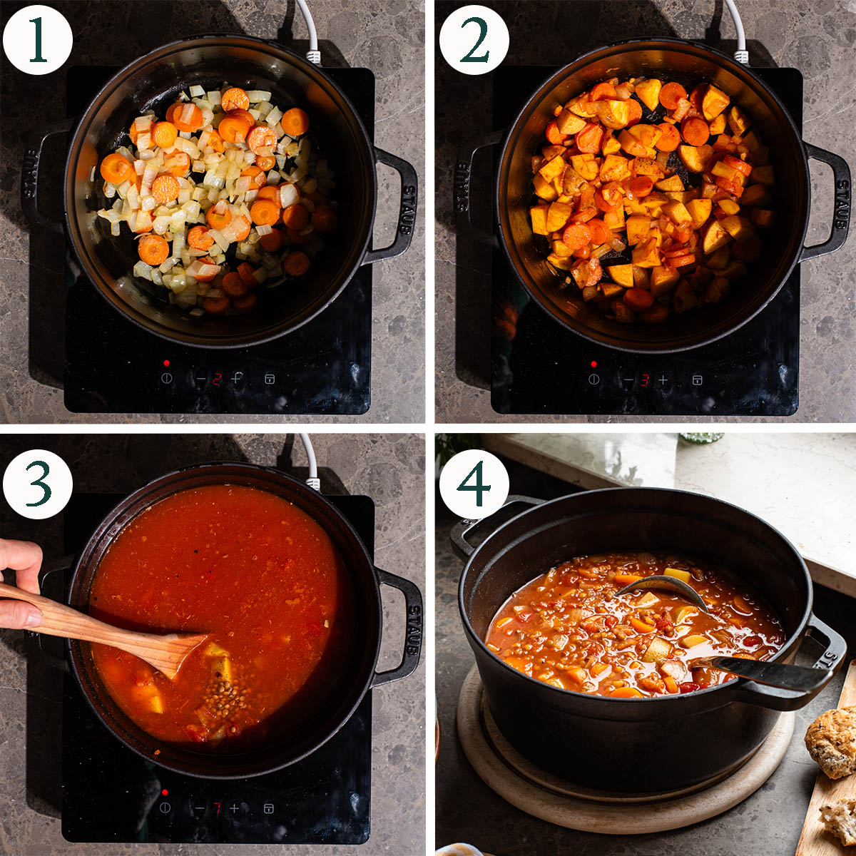Tomato lentil soup steps 1 to 4, cooking vegetables, before and after simmering.