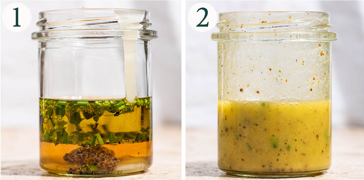 Mixing vinaigrette in a jar, before and after shaking.