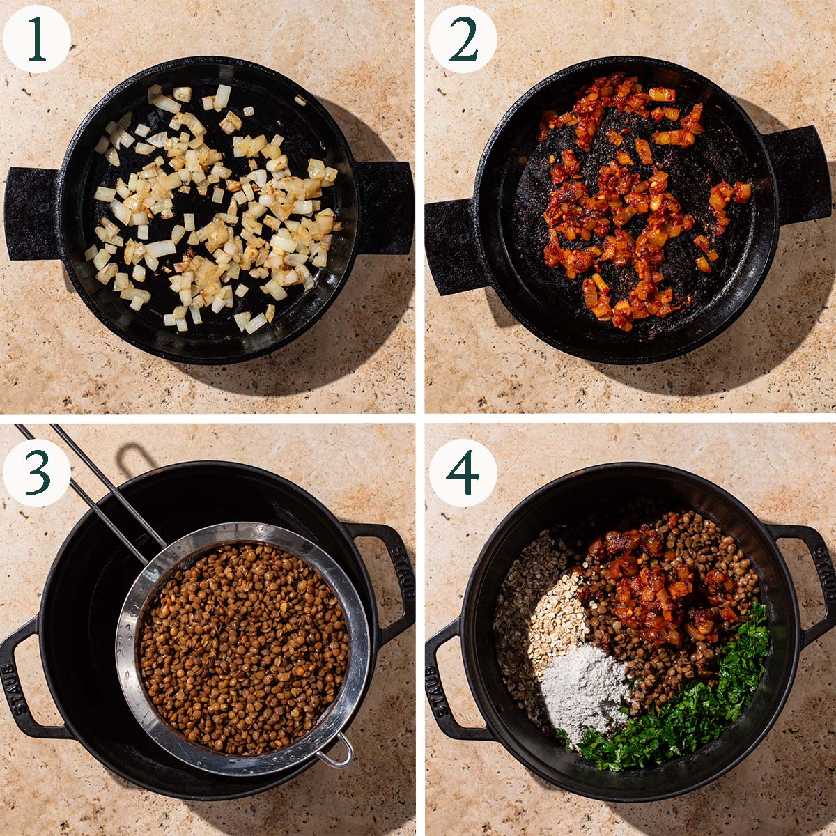 Burgers steps 1 to 4, cooked vegetables, cooked lentils, and all ingredients together.