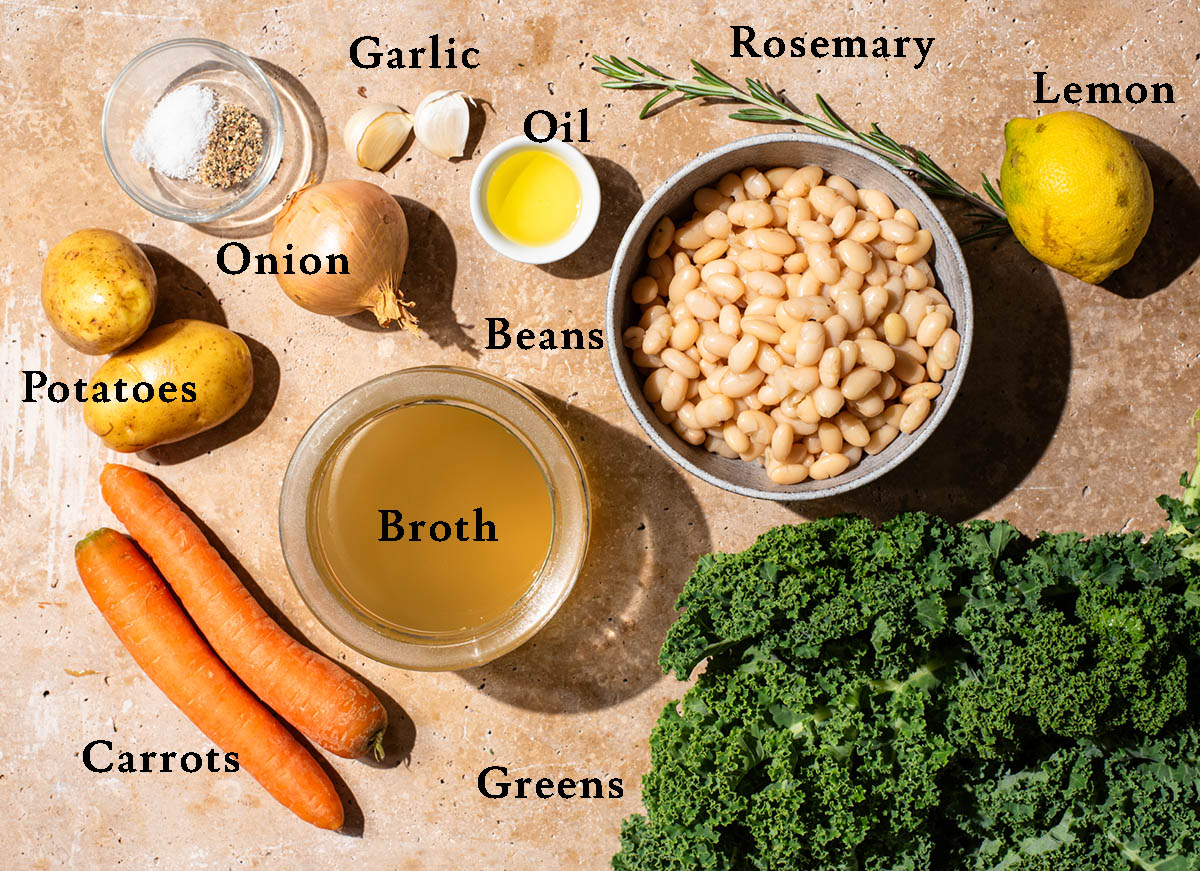 White bean kale soup ingredients with labels.