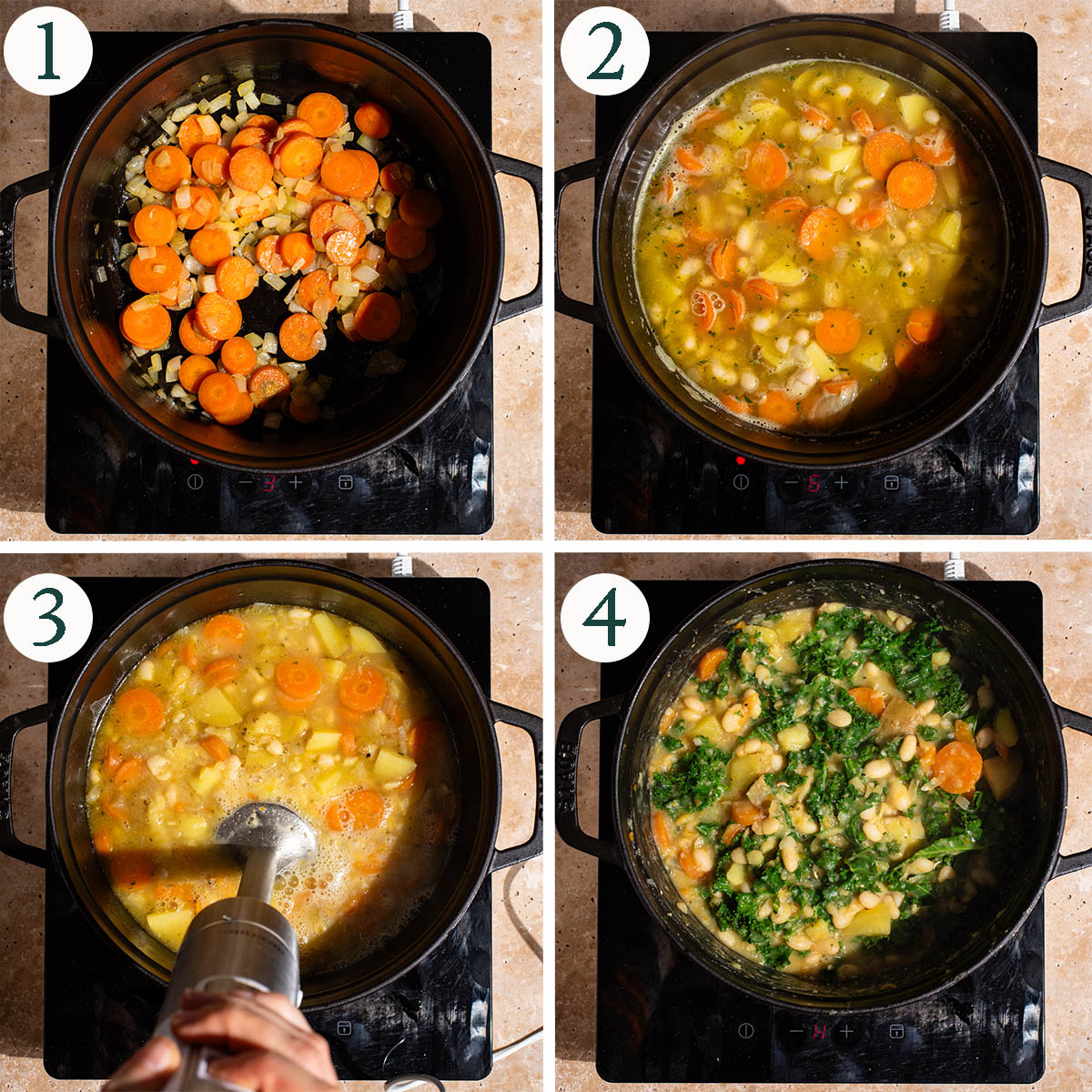 Kale soup steps 1 to 4, cooking vegetables, pureeing some soup, finished soup.