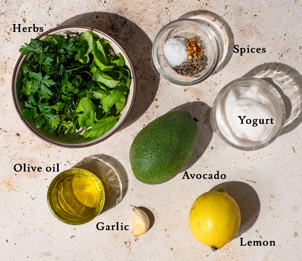 Avocado dressing ingredients with labels.
