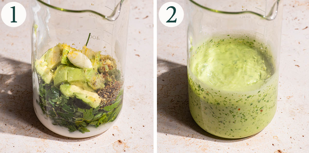 Dressing steps 1 and 2, before and after blending.