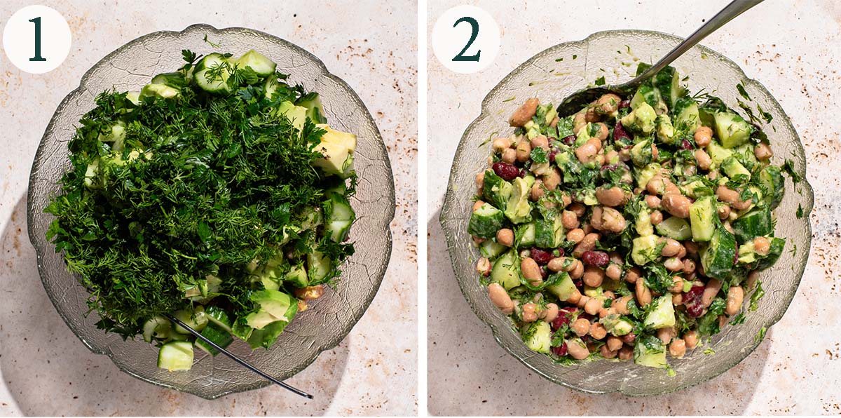 Bean salad steps 1 and 2, before and after mixing.
