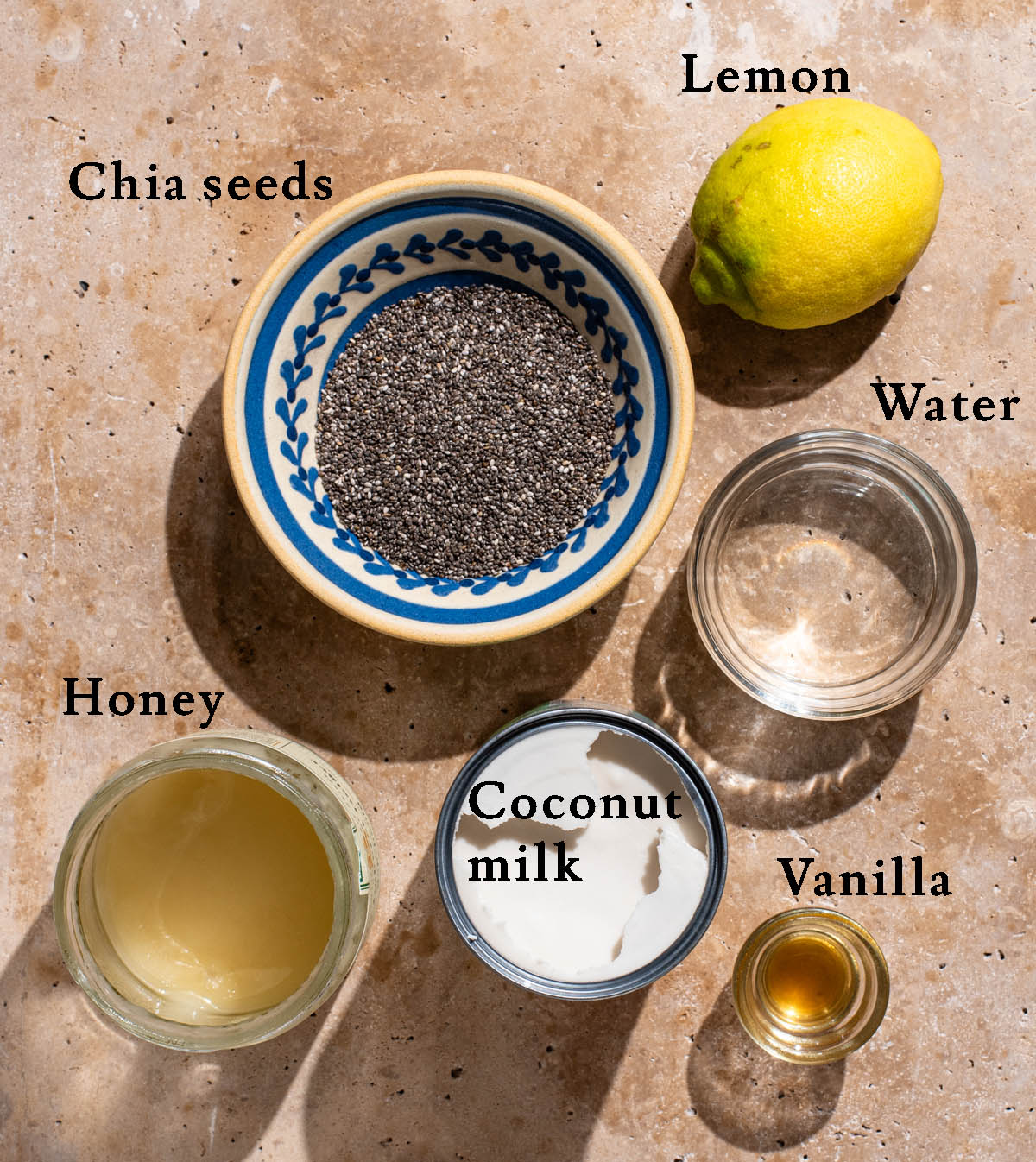 Coconut milk chia pudding ingredients with labels.