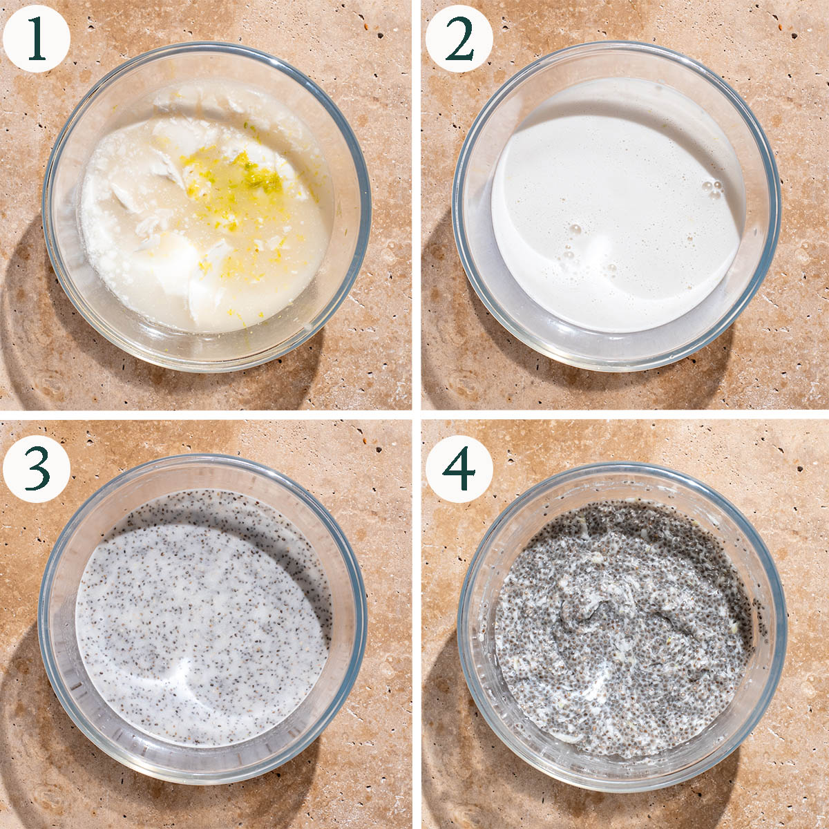 Coconut chia pudding steps 1 to 4, mixing liquid ingredients, added chia, and after soaking.