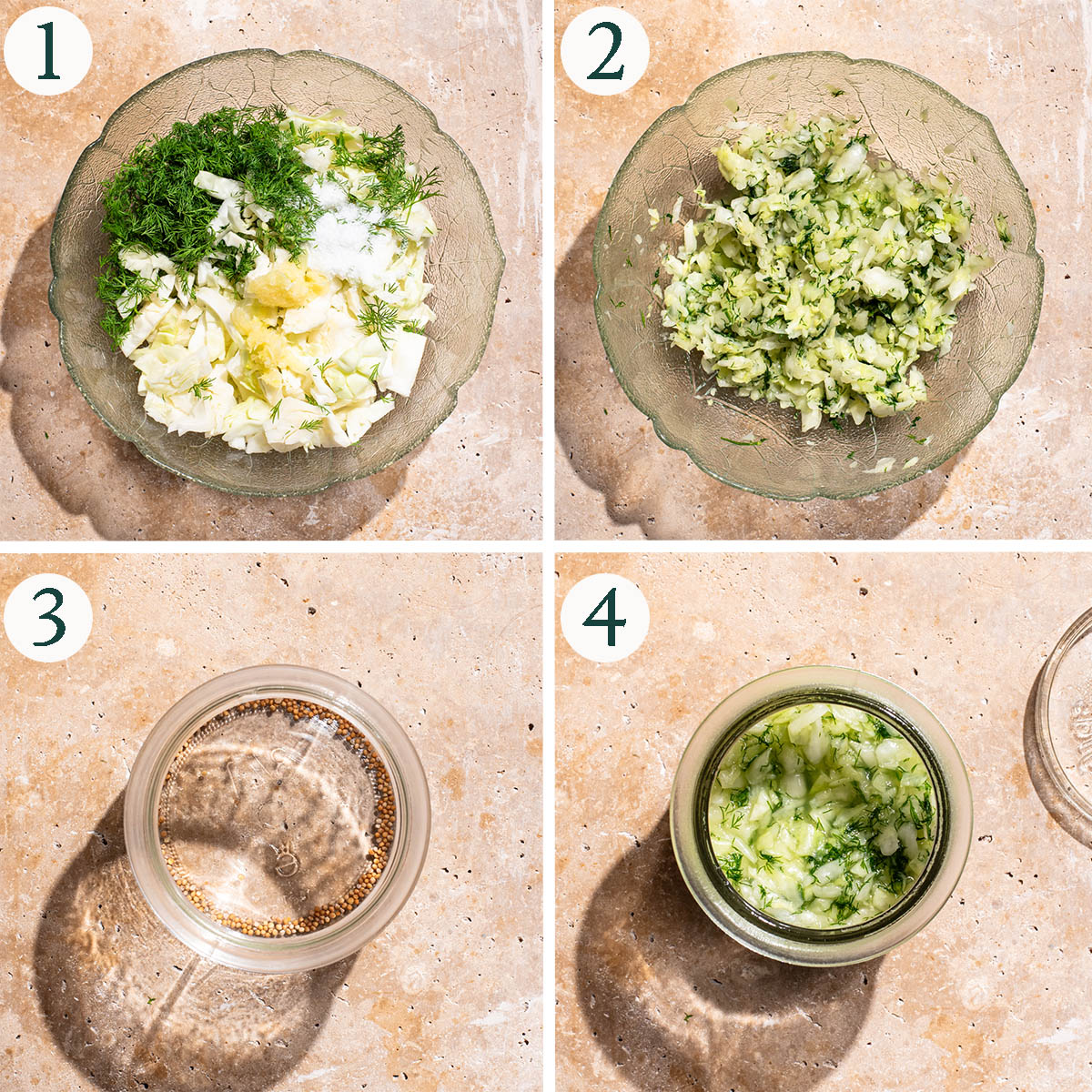 Sauerkraut steps 1 to 4, ingredients in a bowl, after massaging, jar with spices, sauerkraut pressed into jar.
