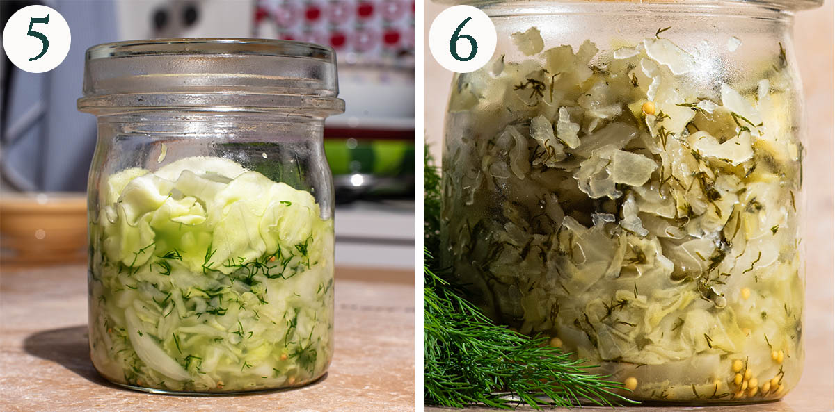 Dill sauerkraut in a glass jar, before and after fermenting.