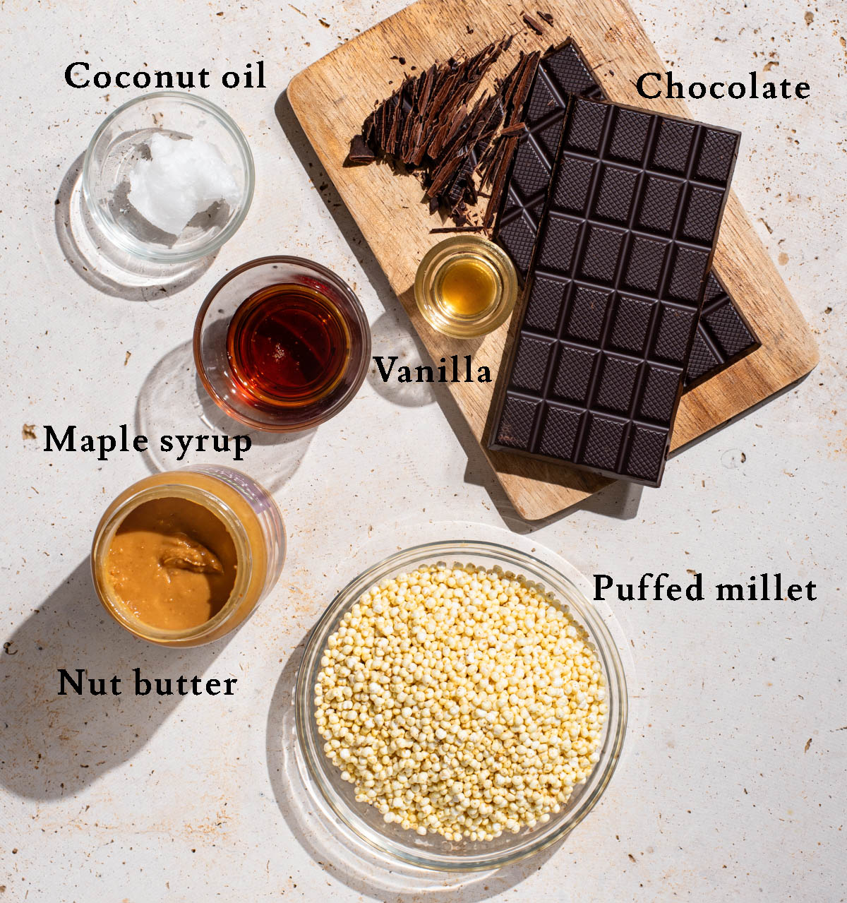 Millet bars ingredients with labels.