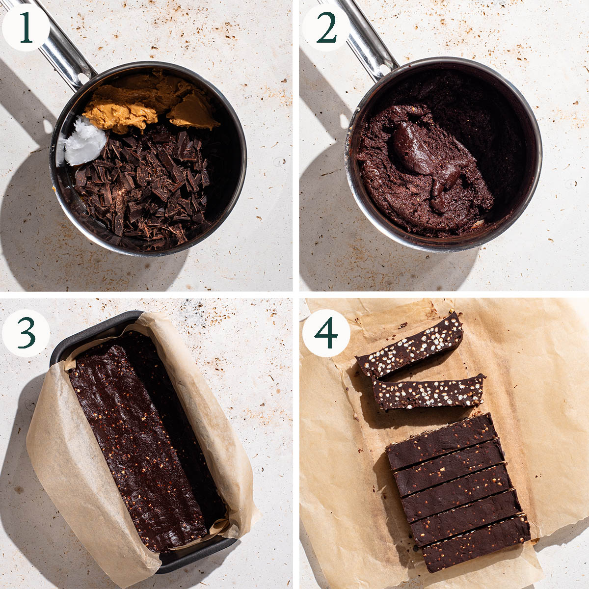 Chocolate bars steps 1 to 4, mixing chocolate base, after melting, pressed into tin, and sliced.
