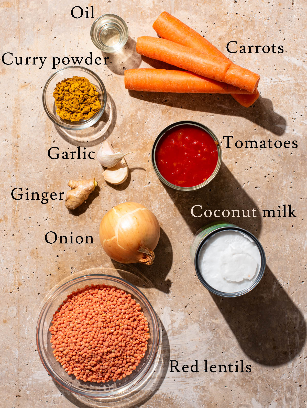 Red lentil curry ingredients with labels.