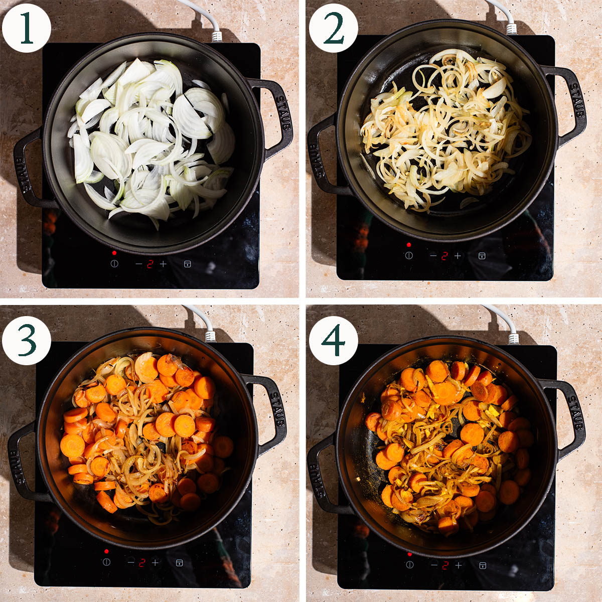 Curry steps 1 to 4, cooking onions, cooking carrots, added spices.