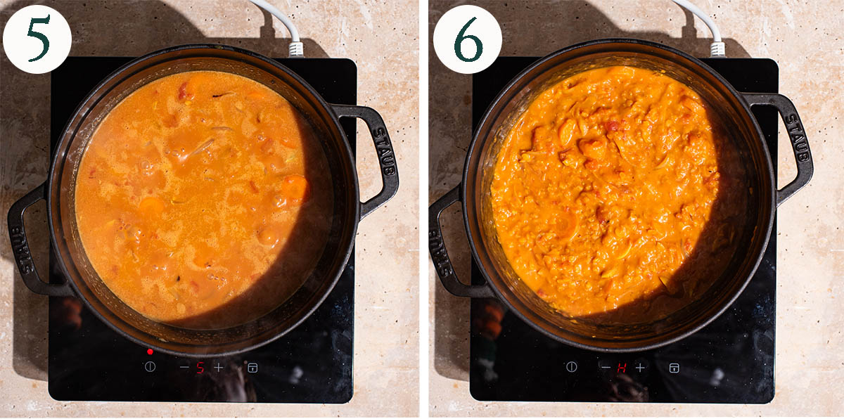 Lentil curry steps 5 and 6, before and after simmering.