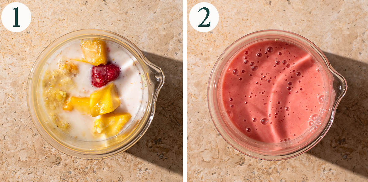 Smoothie steps 1 and 2, before and after blending.