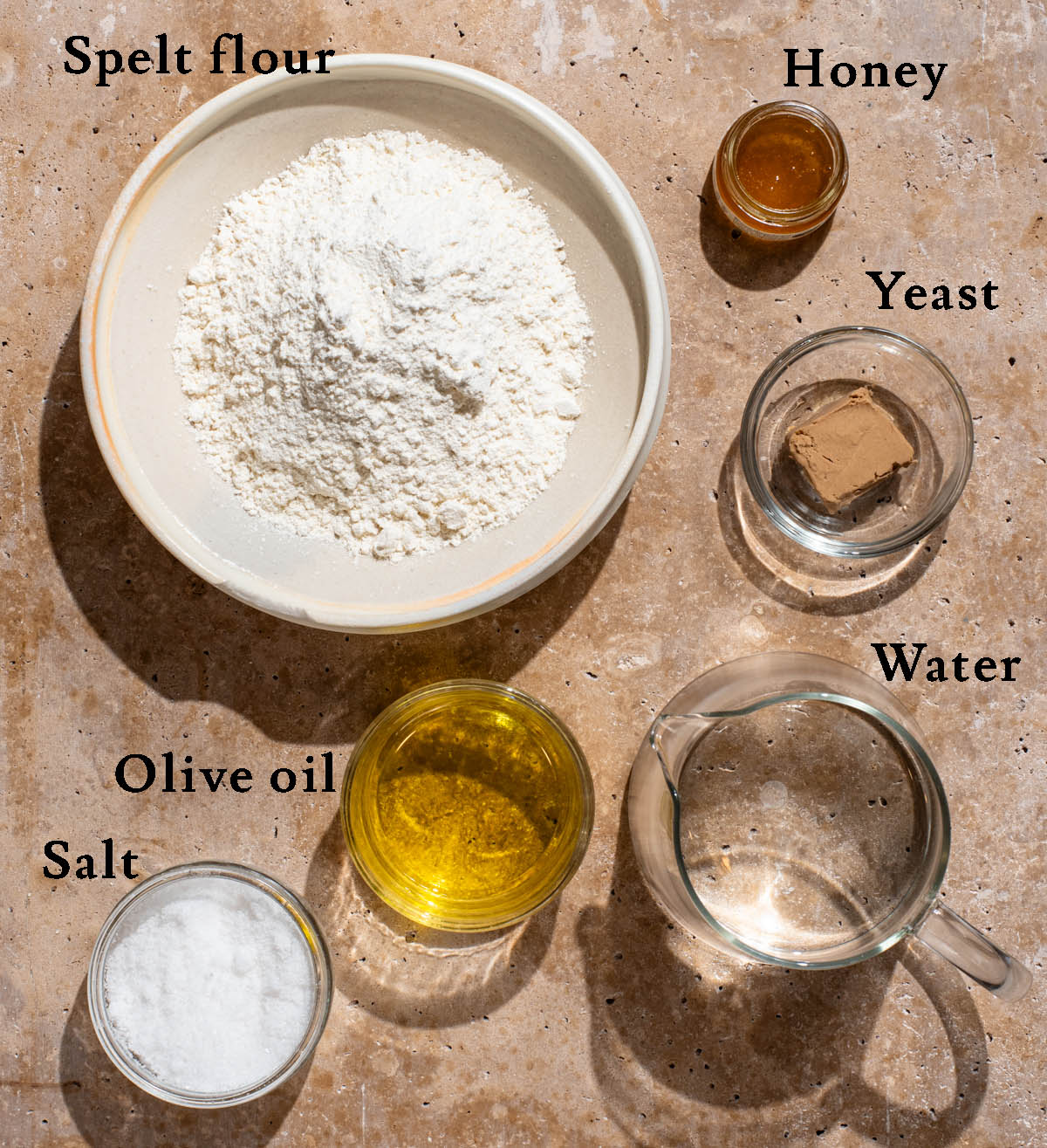 Spelt focaccia ingredients with labels.