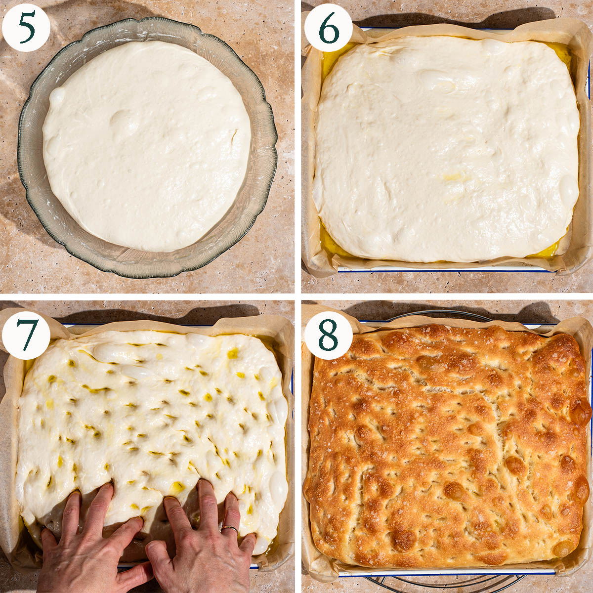 Focaccia steps 5 to 8, risen dough, shaped, before and after baking.