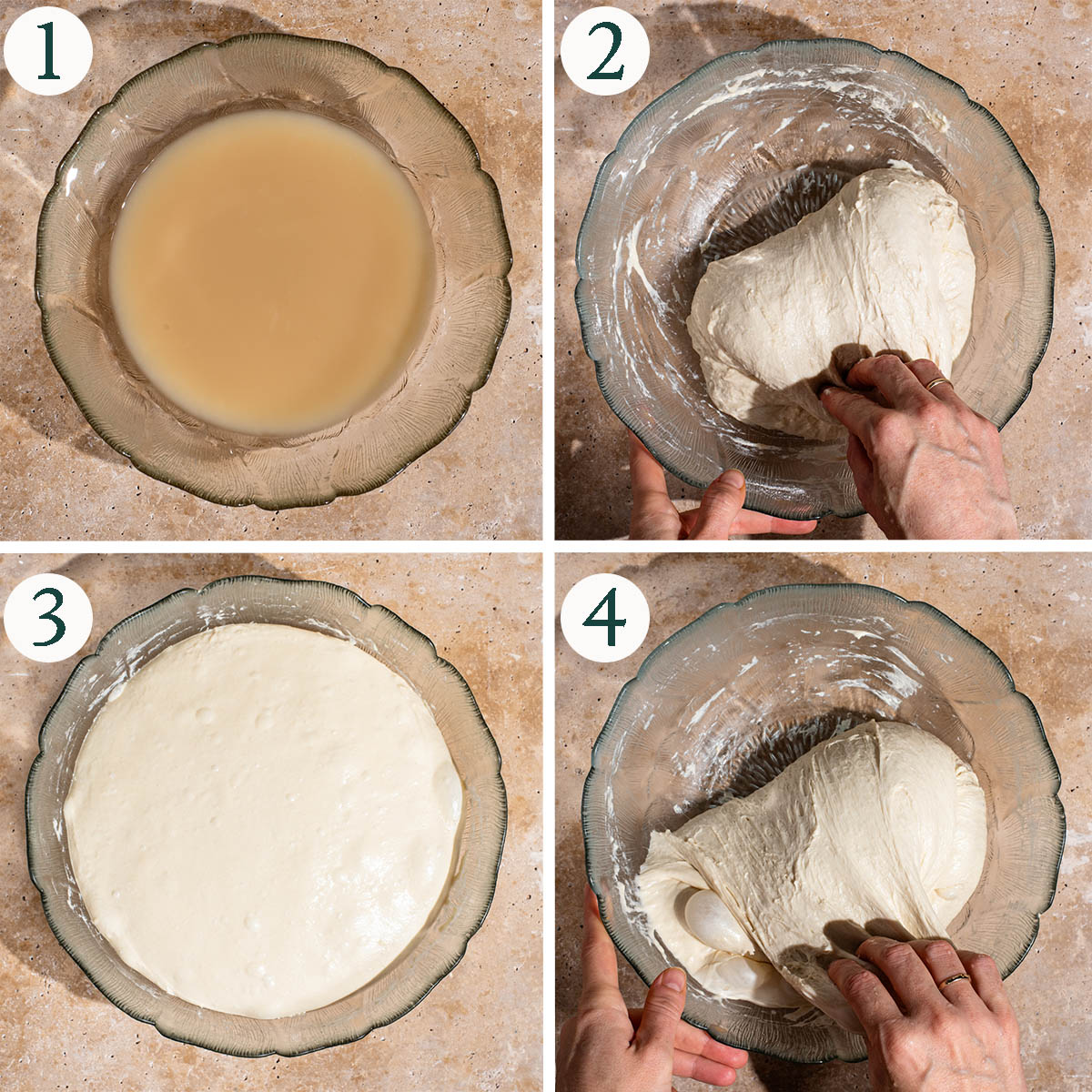 No-knead dough steps 1 to 4, mixing, stretching, and risen dough.