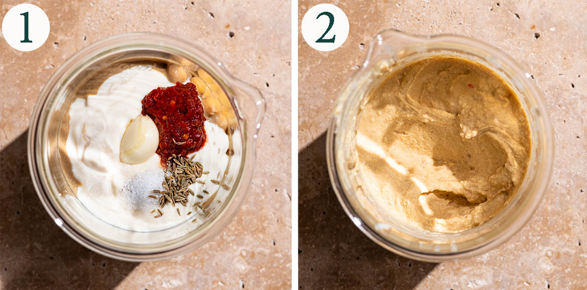 Hummus steps 1 and 2, before and after blending.