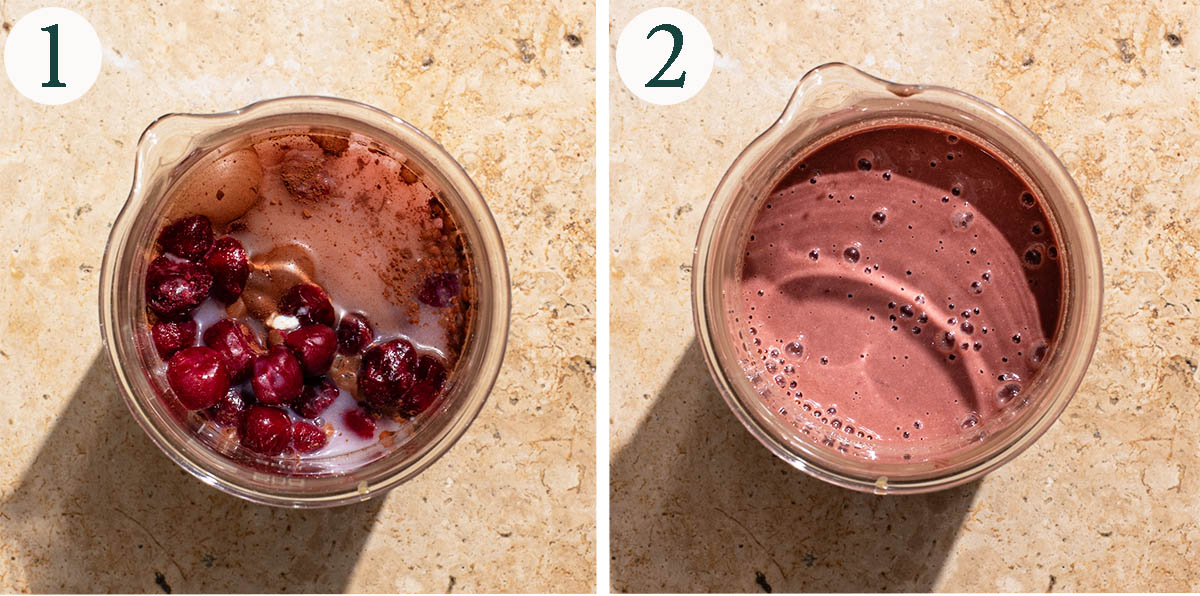 Cherry smoothie steps 1 and 2, before and after blending.