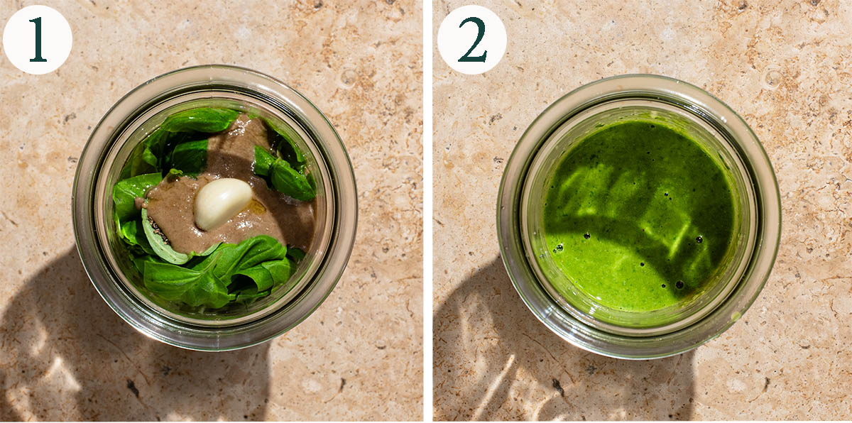 Pesto dressing steps 1 and 2, before and after blending.