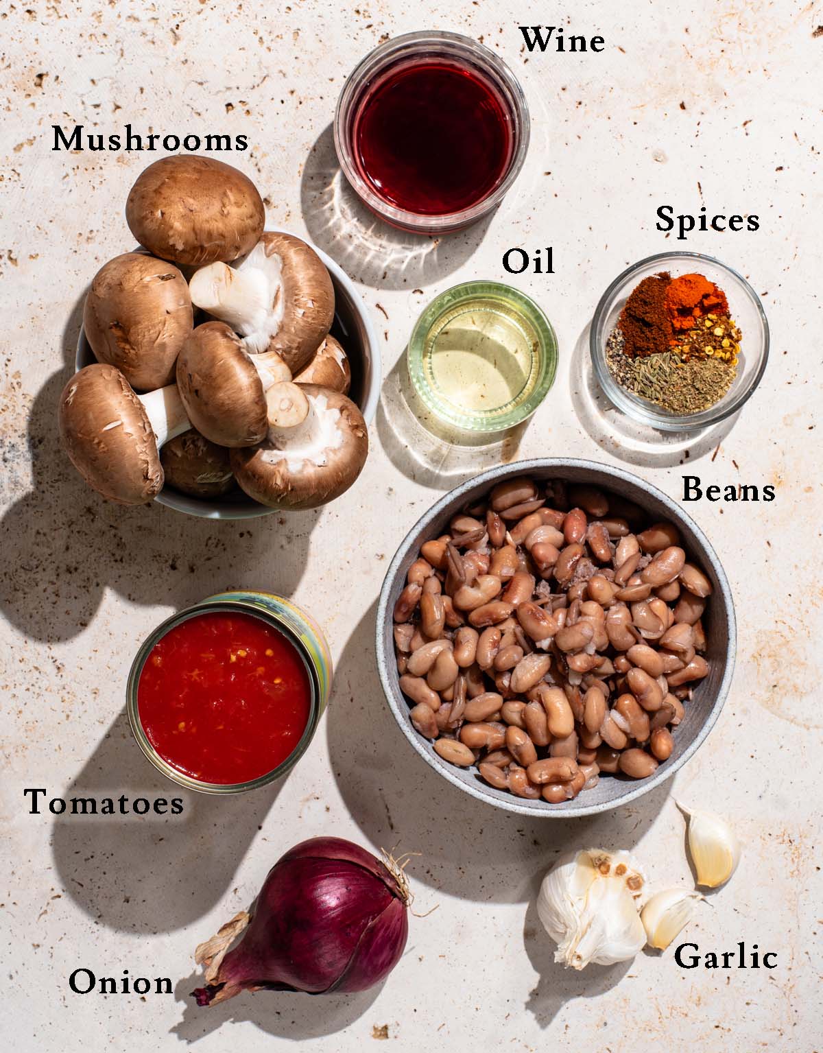 Vegan chili ingredients with labels.
