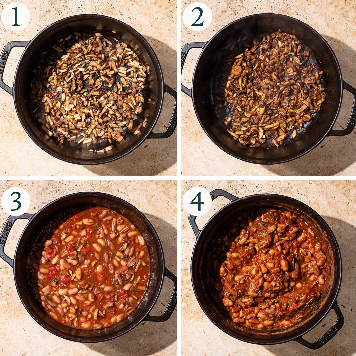 Bean chili steps 1 to 4, cooked mushrooms, with spices, tomatoes added, and finished cooking.