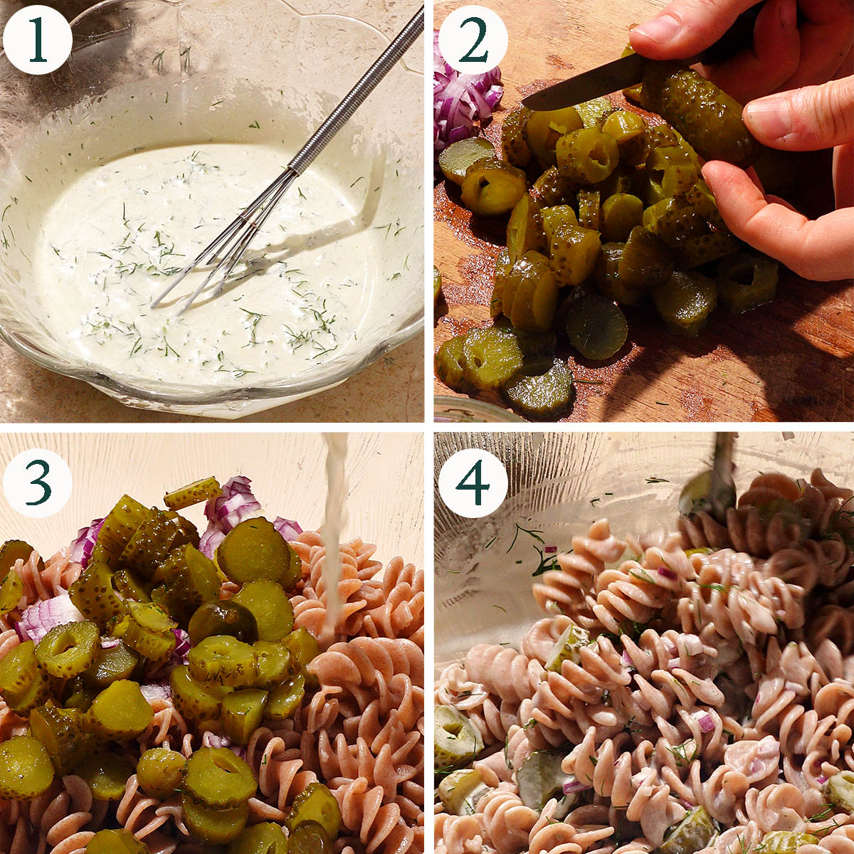 Pasta salad steps 1 to 4, mixed dressing, cutting pickles, adding pickle juice, mixing salad.