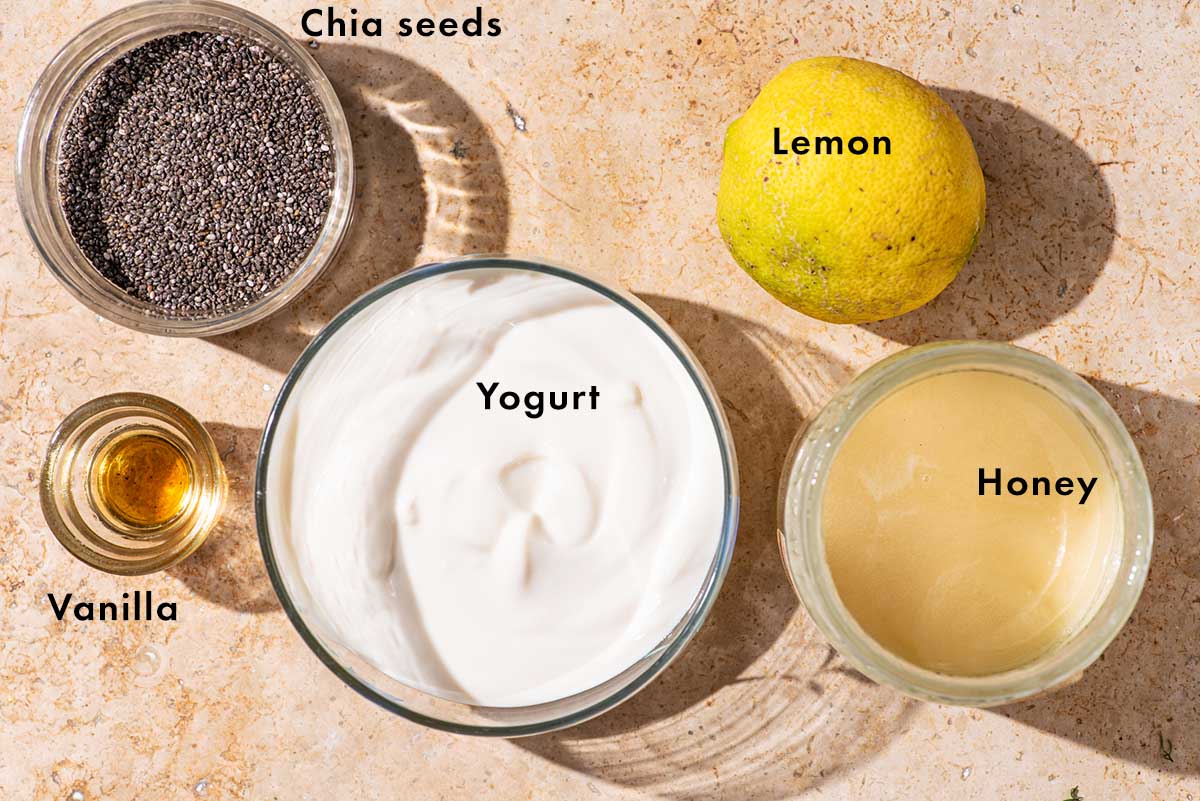 Yogurt chia pudding ingredients with labels.