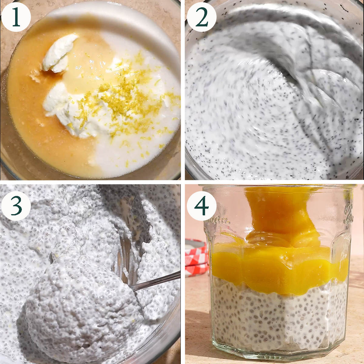 Chia pudding steps 1 to 4, mixing the pudding base and layering into a jar.