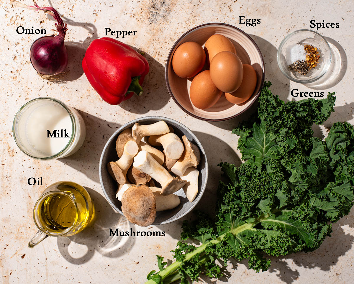 Vegetable frittata ingredients with labels.