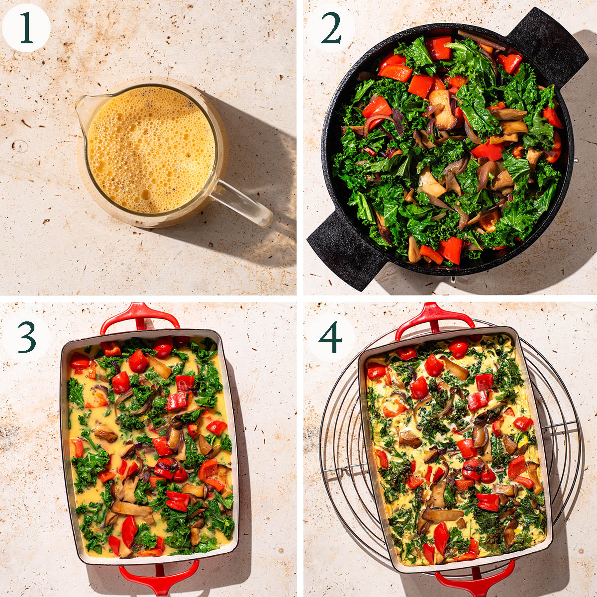 Frittata steps 1 to 4, egg mixture, cooking vegetables, before and after baking.