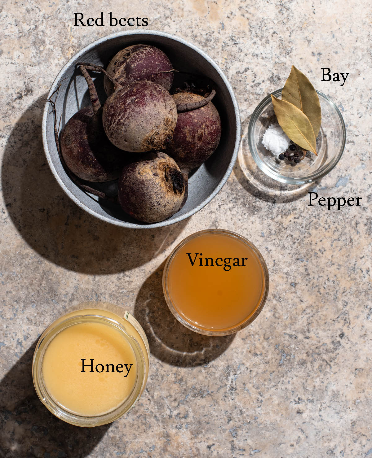 Pickled beets ingredients with labels.