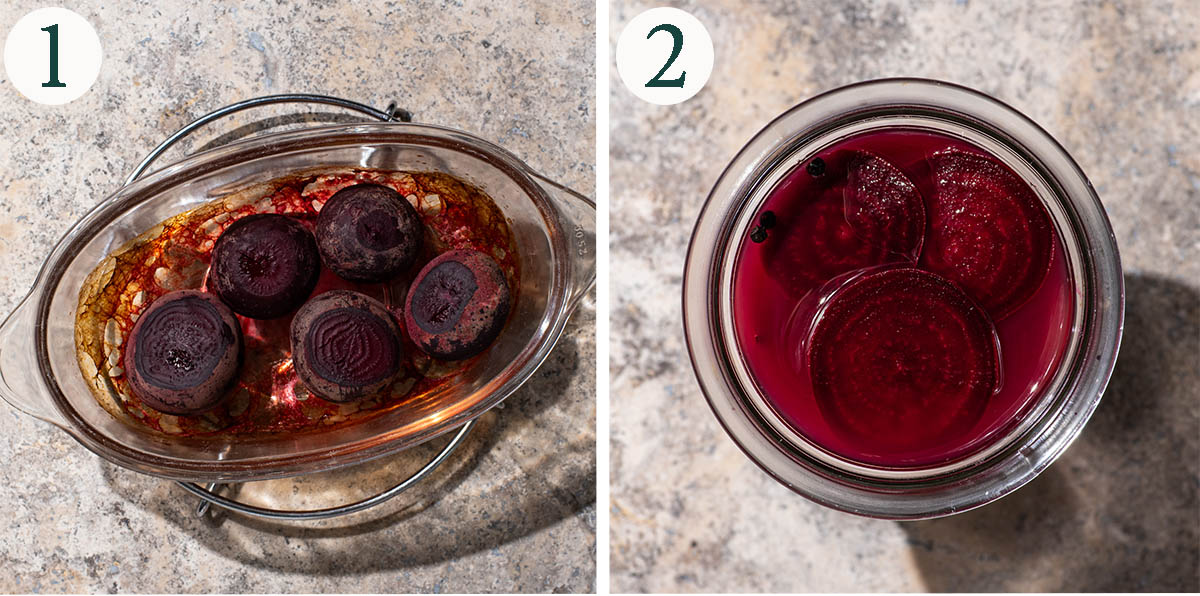 Pickled beetroot steps 1 and 2, roasted beets and beets in pickling liquid in a jar.
