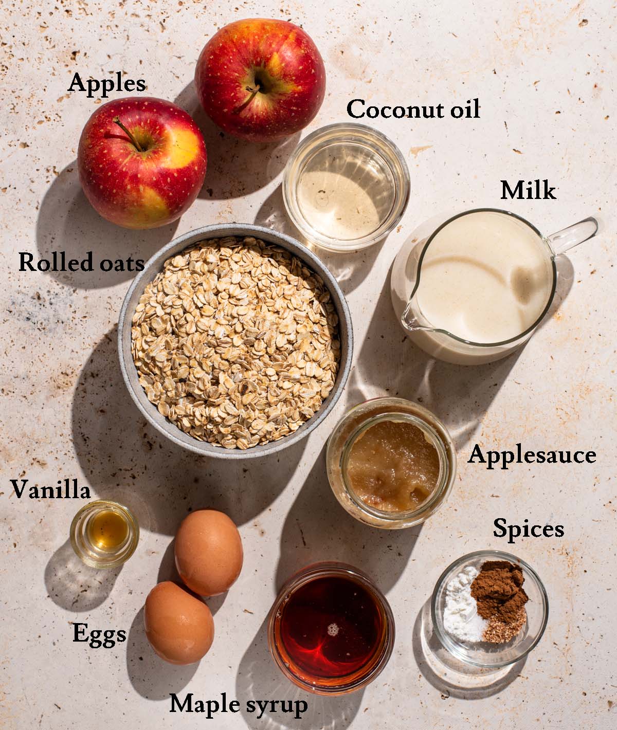 Apple baked oatmeal ingredients with labels.