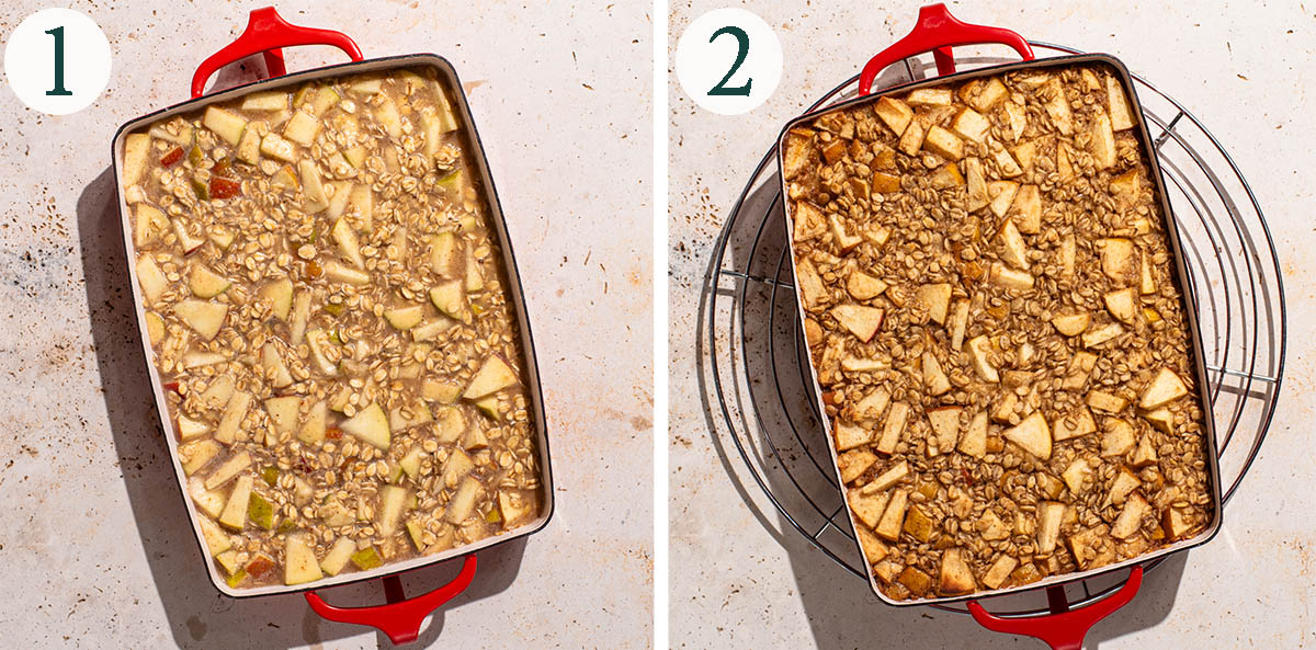 Baked oatmeal steps 1 and 2, before and after baking.