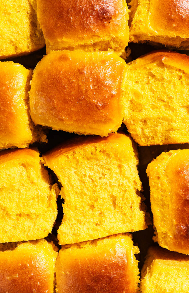 Close up of several pumpkin buns.