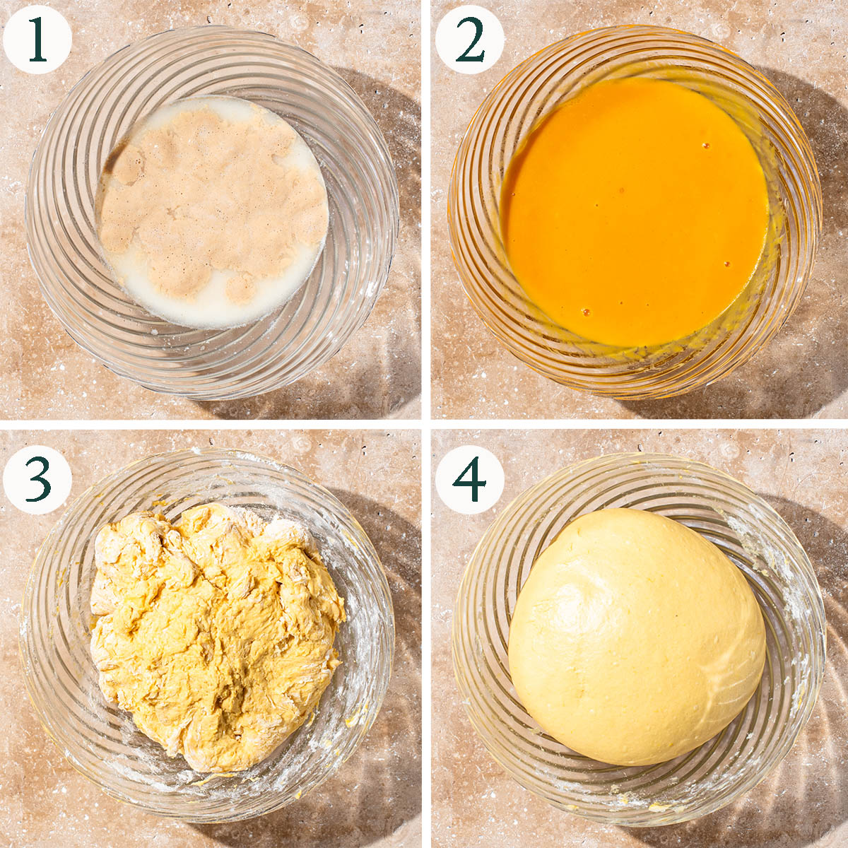 Rolls steps 1 to 4, yeast dissolved, other wet ingredients added, before and after kneading.