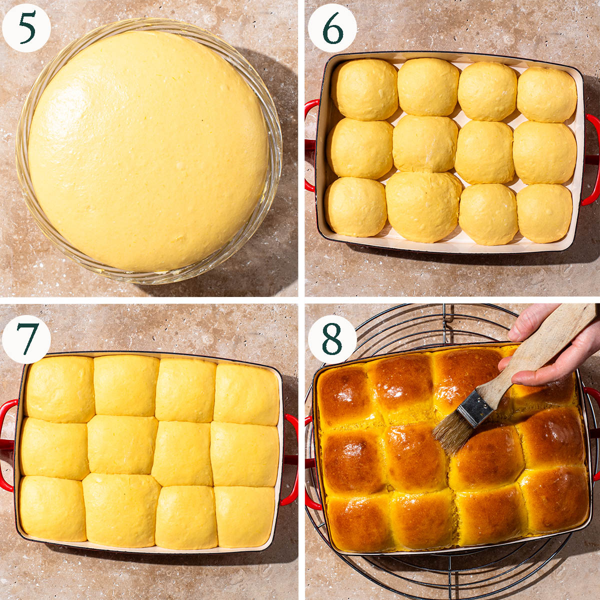 Rolls steps 5 to 8, dough after rising, shaped, second rise, and after baking.