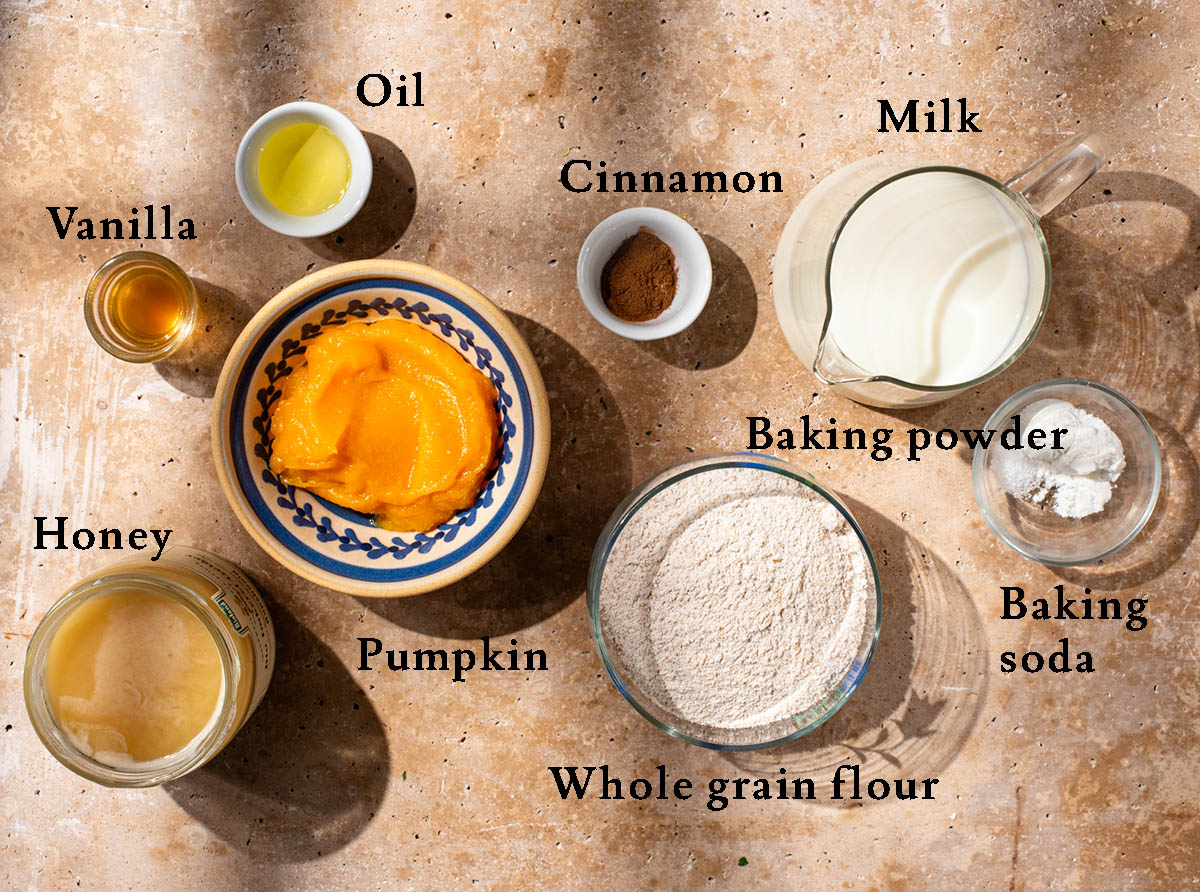 Vegan pumpkin pancakes ingredients with labels.