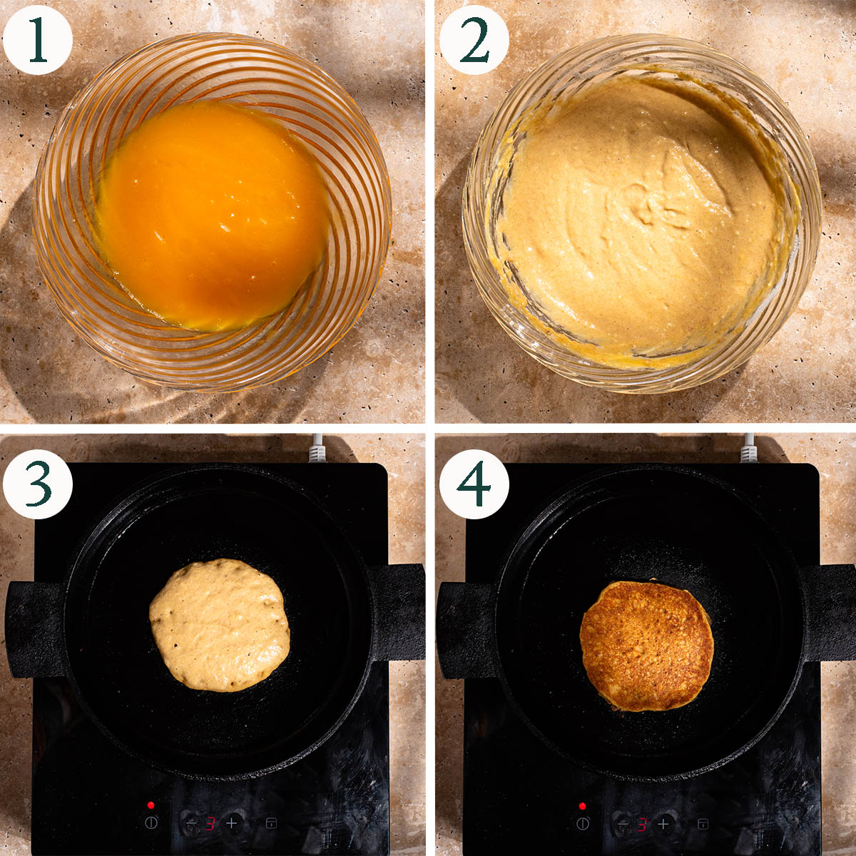 Pancakes steps 1 to 4, liquid ingredients mixed, pancake batter, in the pan, after flipping.