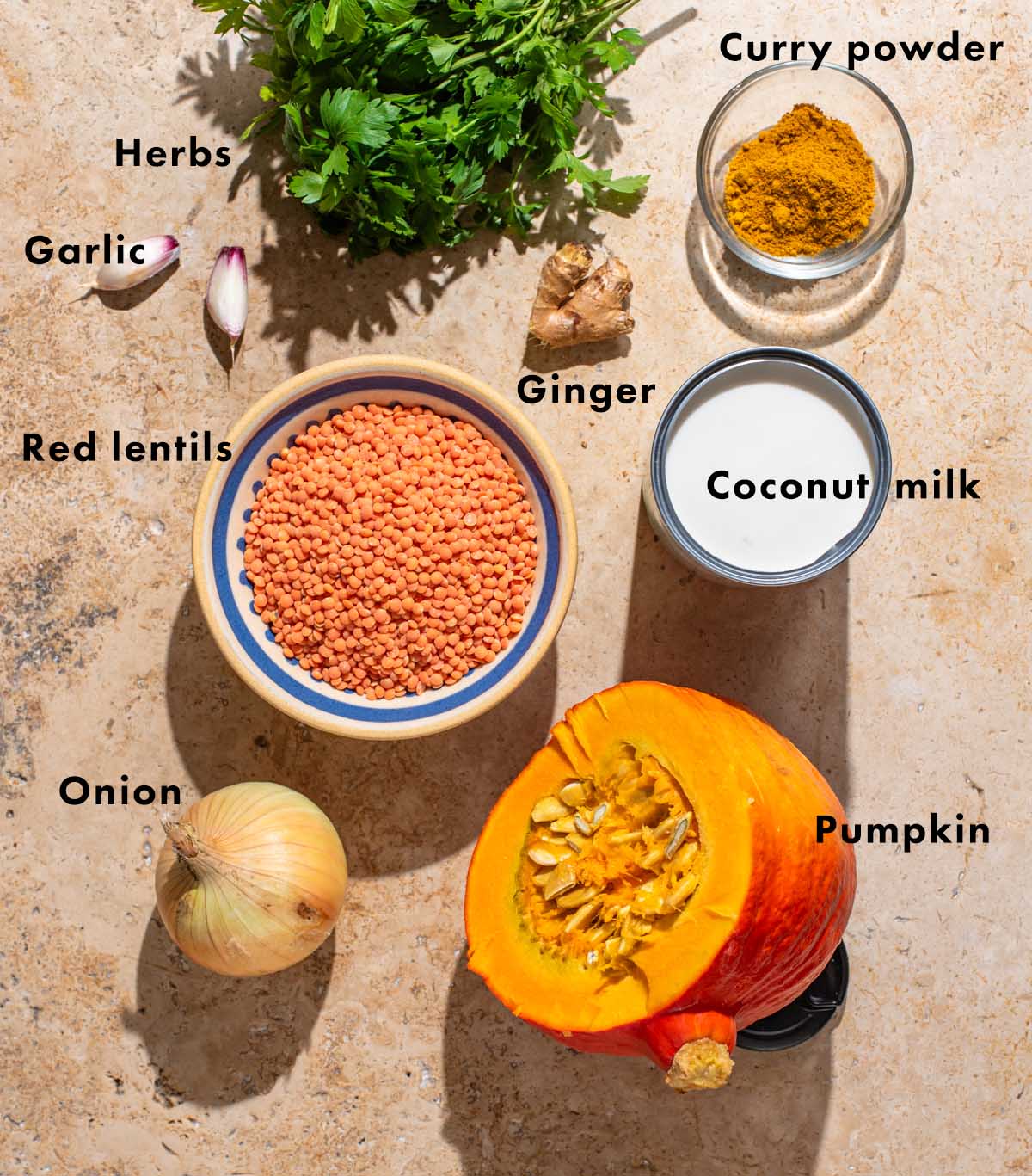 Pumpkin red lentil curry ingredients with labels.